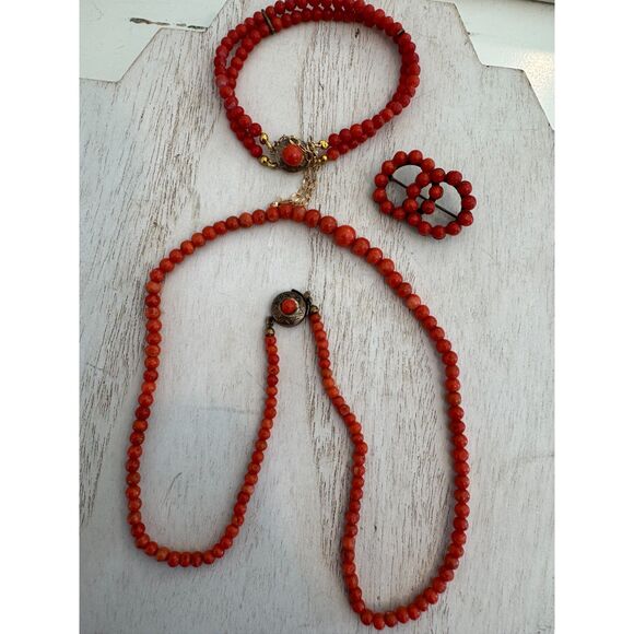 Antique Italian Coral Red Salmon Bead Necklace Bracelet Brooch Pin Circa 1920 - Picture 4 of 8